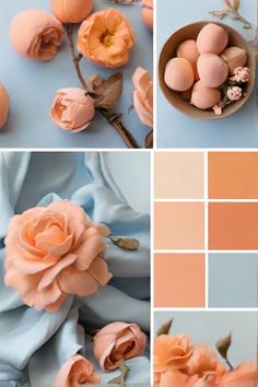 an image of some flowers and eggs on a blue tablecloth with peach hues