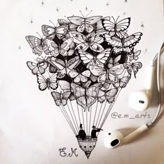 a drawing of a bunch of butterflies in a hot air balloon