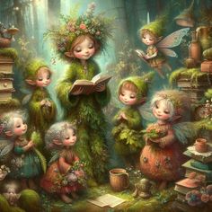 a group of little fairy girls standing in the woods with books and flowers on their heads