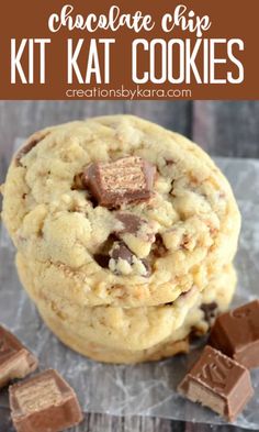 chocolate chip kitkat cookies with text overlay