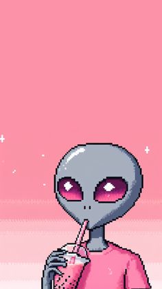 an alien holding a drink in it's hand while standing next to a pink background