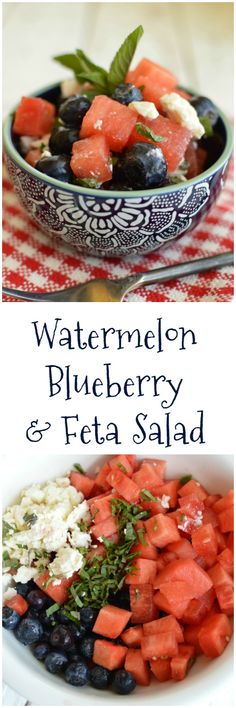 watermelon, blueberry and feta salad in a bowl on a table