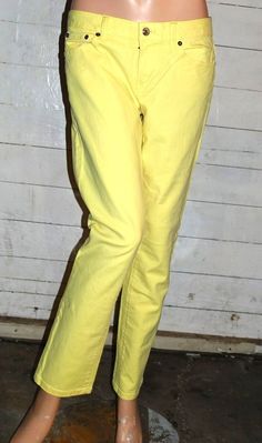 "You are viewing a pair of jeans by The Gap, waist 29\" inseam 26\", top of waist to bottom of hem 37\", the jeans are in great condition without rips or stains." Trendy Yellow Straight Leg Jeans, Yellow Straight Leg Denim Bottoms, Yellow Straight Leg Jeans With Five Pockets, Casual Yellow Bottoms With Frayed Hem, Yellow Straight Leg Summer Jeans, Yellow Straight Leg Jeans For Summer, Yellow Straight Leg Jeans, Casual Yellow Straight Leg Jeans, Fitted Yellow Cotton Jeans