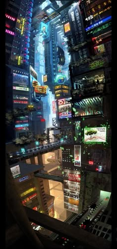 futuristic cityscape with neon lights and skyscrapers