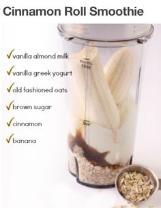 the ingredients for cinnamon roll smoothie in a blender are labeled with their names