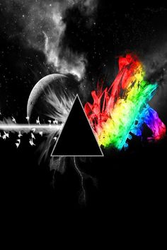 the dark side of the moon with a rainbow in front of it and birds flying around