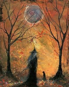 a painting of two people standing in the woods with trees and an moon above them