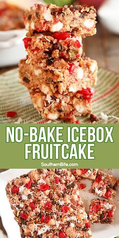 no - bake icebox fruitcake is stacked on top of each other