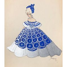 a drawing of a woman in a blue and white dress