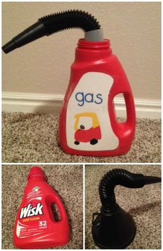 a red gas bottle with a black hose sticking out of it's top on the floor