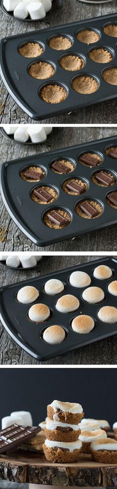 there are three pictures of different pastries in the same pan, and one is being made with marshmallows