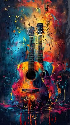 an abstract painting of a guitar with musical notes on it's back and neck