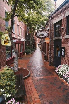 an alley way with flowers and trees on both sides, surrounded by brick buildings in the background