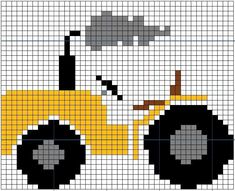 a cross stitch pattern with a yellow tractor on the front and side, in black and white