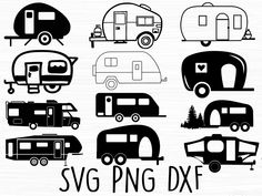 the silhouettes of different types of campers are shown in black and white colors