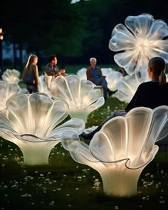 people are sitting on chairs in the grass with flowers lit up at night and one person is taking a photo