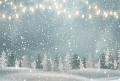 christmas lights and snow covered trees on a blue sky background with falling snow, illustration