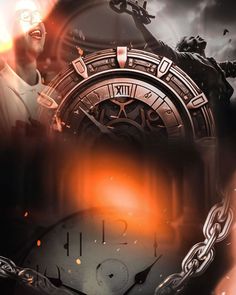 a man is laughing in front of a clock with flames coming out of his face