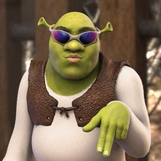 an animated character with green hair and sunglasses on, wearing a white shirt and brown leather vest