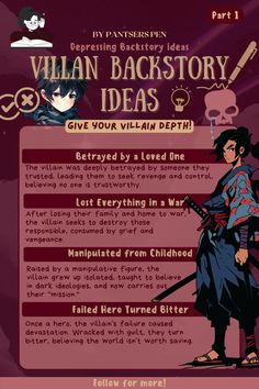 Sad Villain Backstory Ideas for inspiration for writing your novel and character development. Craft a Tragic Villain with These Depressing Backstory Ideas 💔🖤 Dive into the darker side of storytelling with these depressing villain backstory ideas. From shattered dreams to betrayal and loss, these ideas will help you create complex, emotionally driven villains that evoke both sympathy and fear. Perfect for writers looking to add depth to their antagonists, whether you're writing fantasy, horror, or thriller. Explore the motivations behind your villain’s actions and bring their tragic past to life. #VillainBackstory #WritingPrompts #CreativeWriting #CharacterDevelopment #StorytellingIdeas Character Backstory Prompts, Villain Backstory, Tragic Villain, Notion Character, Backstory Ideas, Good Villain, Character Profile Template, Inspiration For Writing, Character Motivation