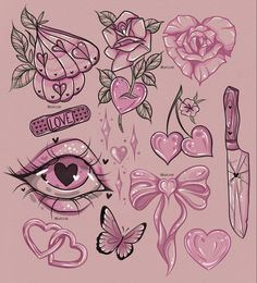 a pink background with lots of different tattoos and hearts on it's side, including an eye