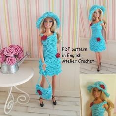 the doll is wearing a blue crochet dress and hat with roses on it