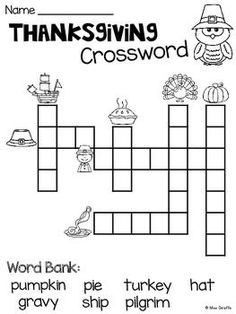 the thanksgiving crossword worksheet for kids to practice their spelling and writing skills