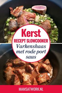 two pictures showing different types of meats and vegetables in a skillet with the words kerstref slowcooker