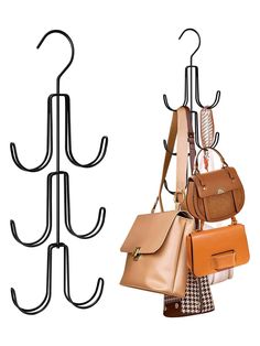 two purses are hanging on the wall and one has a coat rack attached to it