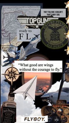 a collage of different types of items with captions on them, including paper airplanes and other things