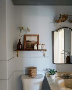 a white toilet sitting next to a sink in a bathroom under a mirror and a wooden shelf