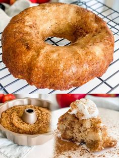 an apple cider donut is on a cooling rack