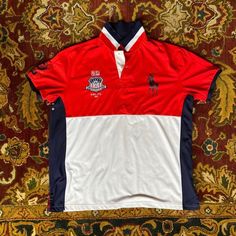 Nwot Red, White And Blue Polo Sport Ralph Lauren Shirt. Size Xl Sporty Red Collared Polo Shirt, Red Collared Sporty Shirt, Red Sporty Polo Collar Top, Sporty Red Polo Collar Top, Sporty Red Top With Polo Collar, Sporty Red Short Sleeve Polo Shirt, Sporty Red Collared T-shirt, Young Mens Fashion, Drip Outfit Men