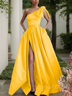 A-Line One-Shoulder Sweep Train Satin Prom Dresses For Black girls With Leg Slit Yellow Evening Dresses, Prom Dresses Yellow, Custom Prom Dress, Floor Length Prom Dresses, فست�ان سهرة