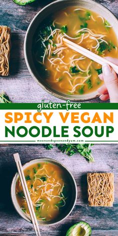 Want more easy winter recipes? Turn to this hearty dinner recipe for a homemade soup! It's a cozy winter meal for ramen pho. Not only are these Spicy Vegan Noodle Soup yummy comfort food, but they are also dairy-free, gluten-free, nut-free, and soy-free! Gluten Free Ramen Recipes, Soup With Ramen Noodles, Vegan Broth, Vegan Noodle Soup, Ramen Pho