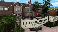 an animated rendering of the clark atlanta university campus with flags and banners in front of it