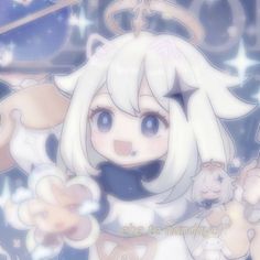 an anime character with white hair and blue eyes holding teddy bears in front of her