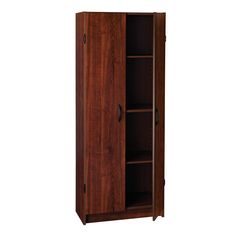 a wooden cabinet with two doors and shelves