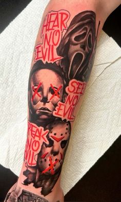 a person with a tattoo on their arm that says hear no evil see no evil