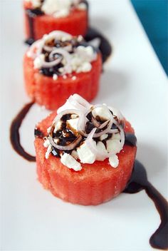 watermelon, white cheese & balsamic vinegar tartar sauce on top