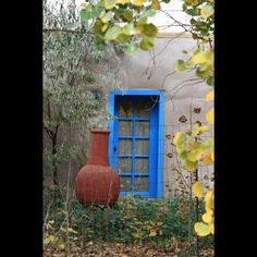 NM Blue Door in Arroyo Seco Coyote Fence New Mexico, Southwest Doors, Turquoise Trail New Mexico, Mexico Blue, Blue Village Morocco, Aspen Leaf, New Mexican, Blue Door, Beautiful Doors