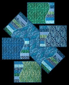 six pieces of blue and green quilting