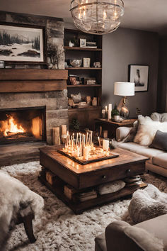 a living room filled with furniture and a fire place in the middle of the room