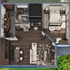 an overhead view of a two bedroom, one bath apartment with living room and kitchen