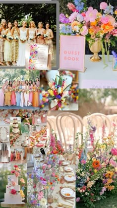 a collage of pictures with flowers and cakes on them, including cake stands, vases, and tables