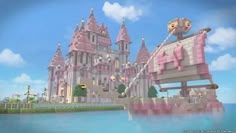 a large pink castle sitting on top of a body of water