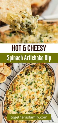 spinach and artichoke dip recipe with text overlay