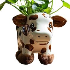 a ceramic cow planter with plants in it