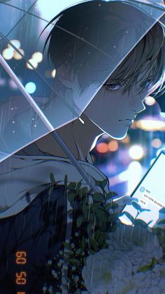 an anime character is standing in the rain with his head down and looking at his cell phone