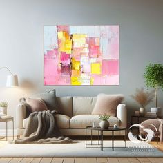 Close-up of vibrant pink and yellow abstract art with bold textures Modern Textured Art, Yellow Abstract Art, Contemporary Art Canvas, Yellow Abstract, Forest Wall Art, Large Wall Decor